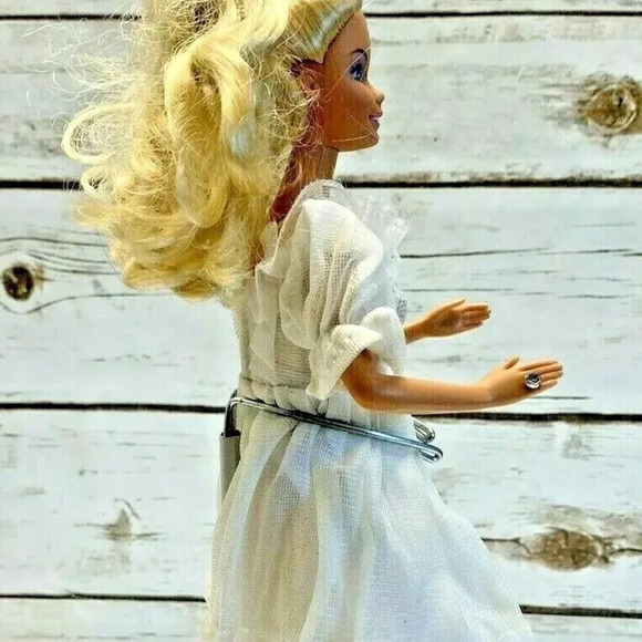 MATTEL BARBIE Doll Blond Hair Blue Eyes White Dress 12" Tall Used - Picture 5 of 11